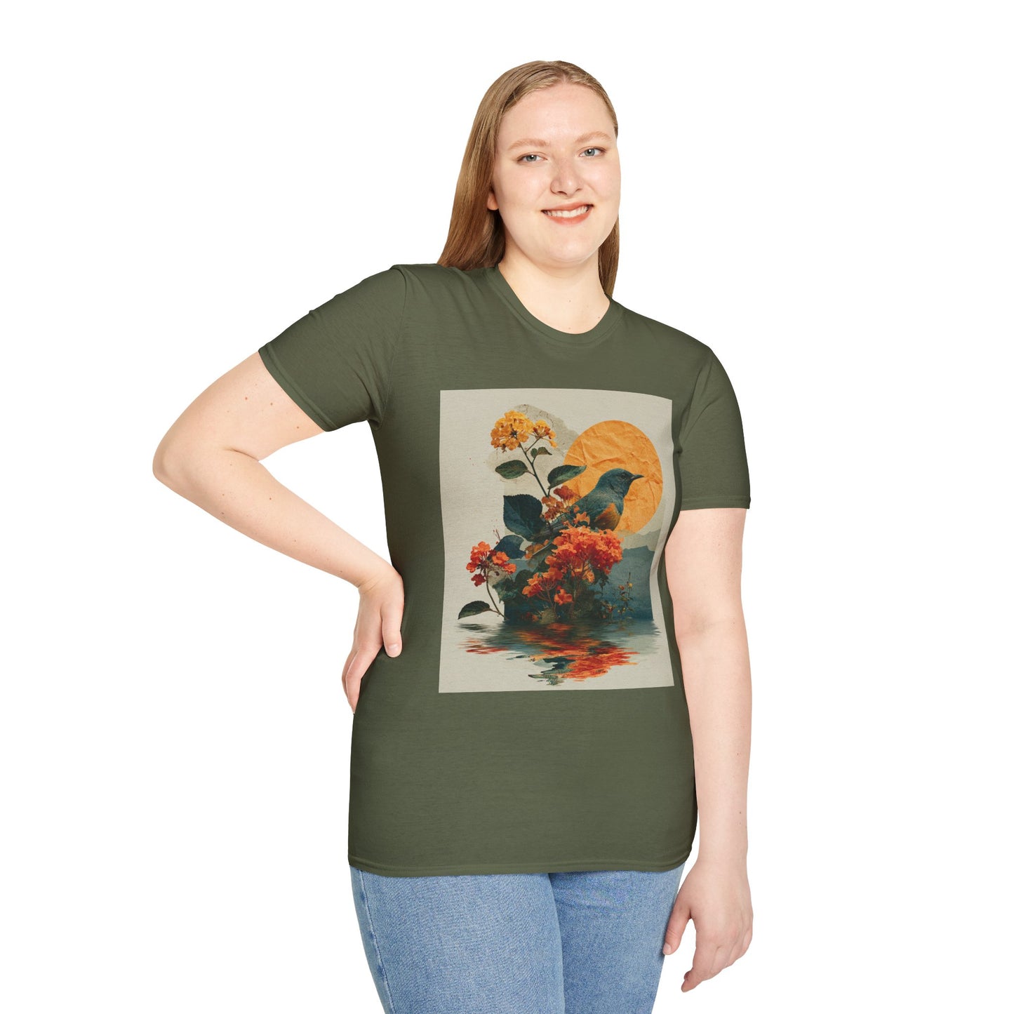 Sunset Bird & Blossoms T-Shirt — Vintage Floral Nature Graphic Tee