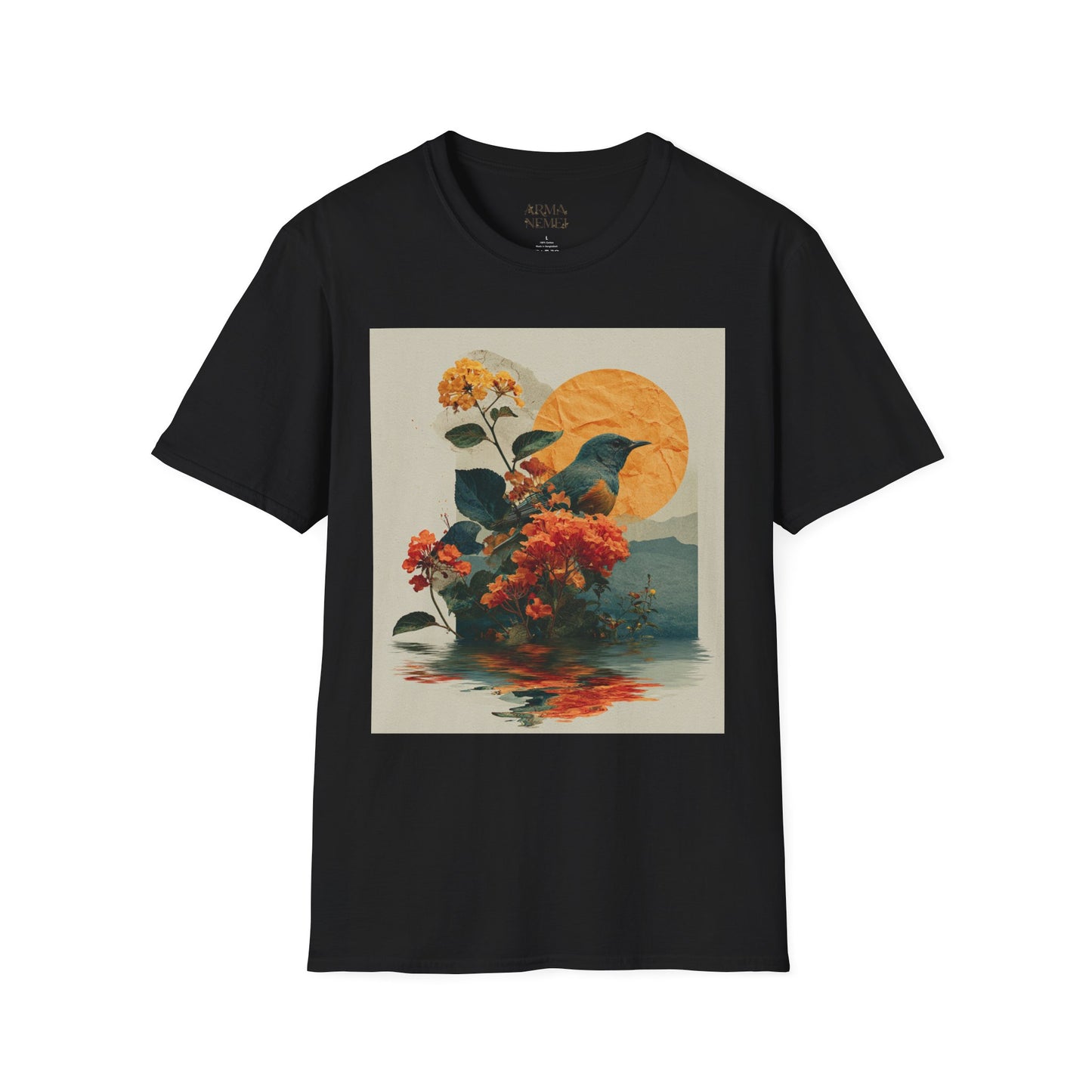 Sunset Bird & Blossoms T-Shirt — Vintage Floral Nature Graphic Tee
