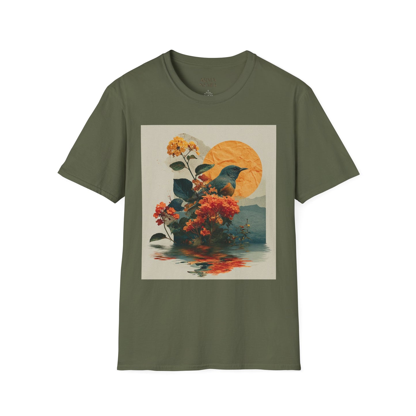 Sunset Bird & Blossoms T-Shirt — Vintage Floral Nature Graphic Tee