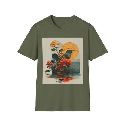 Sunset Bird & Blossoms T-Shirt — Vintage Floral Nature Graphic Tee