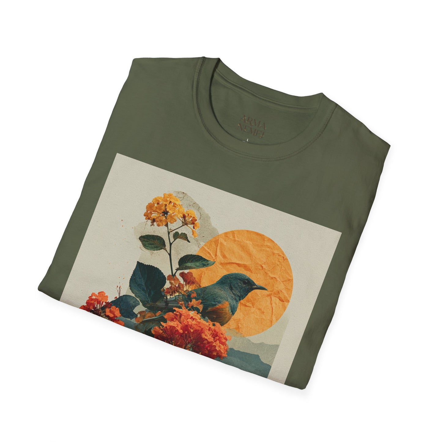 Sunset Bird & Blossoms T-Shirt — Vintage Floral Nature Graphic Tee
