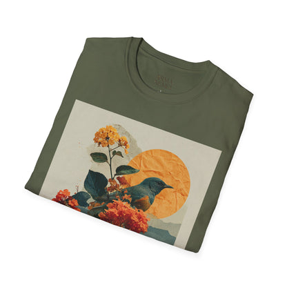 Sunset Bird & Blossoms T-Shirt — Vintage Floral Nature Graphic Tee