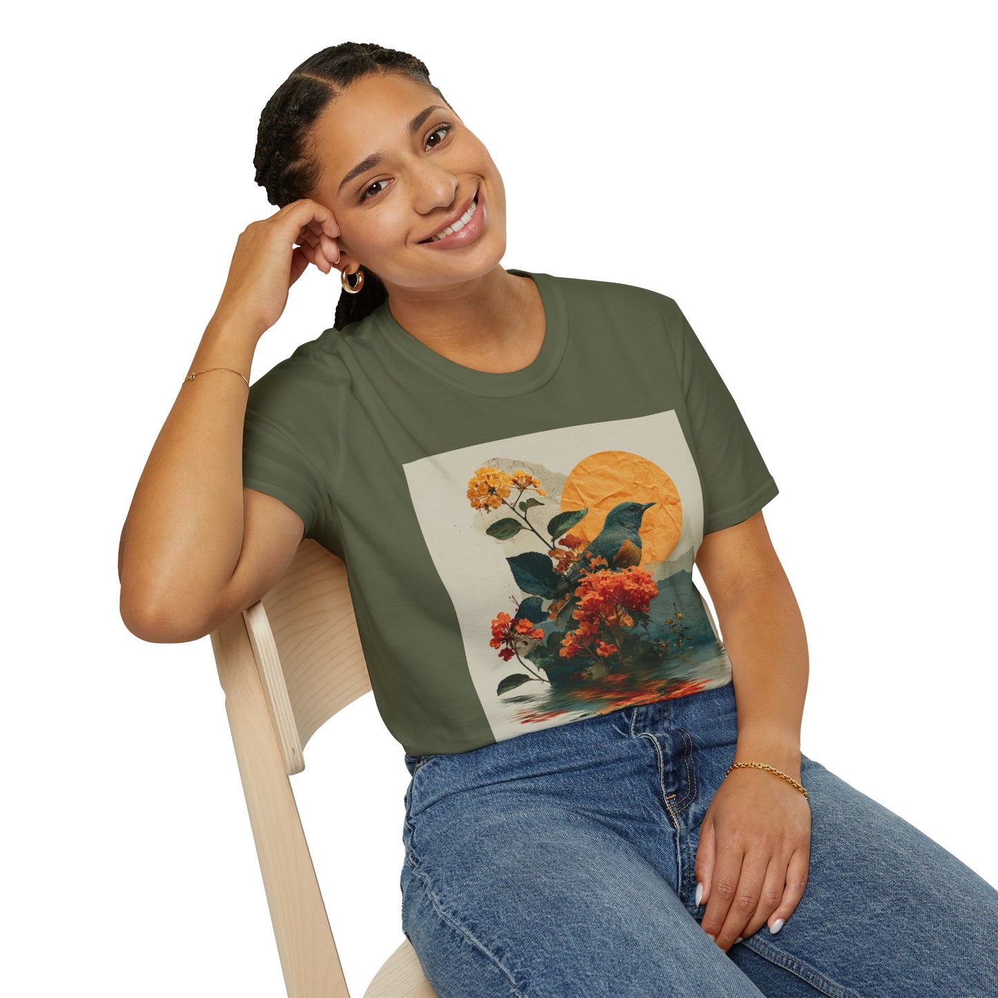Sunset Bird & Blossoms T-Shirt — Vintage Floral Nature Graphic Tee
