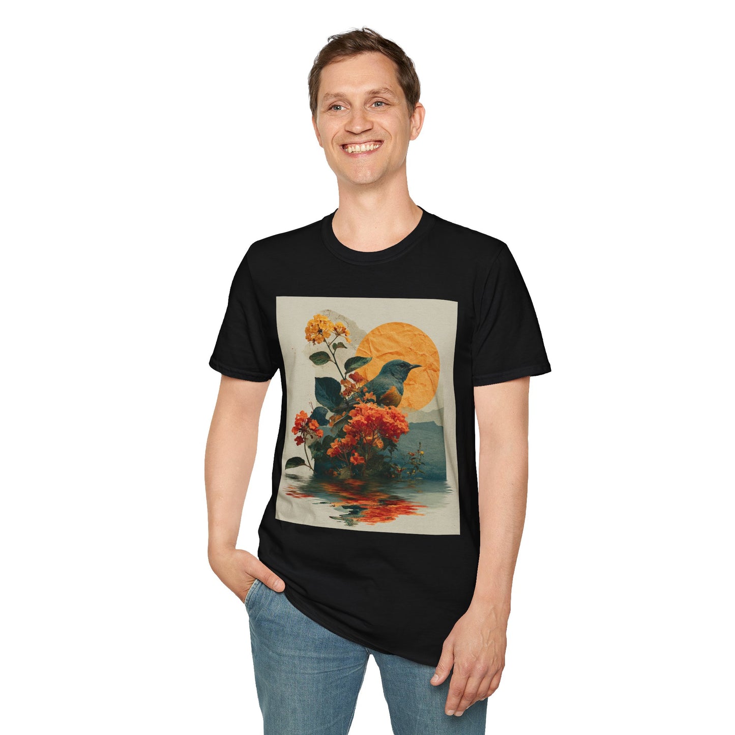 Sunset Bird & Blossoms T-Shirt — Vintage Floral Nature Graphic Tee