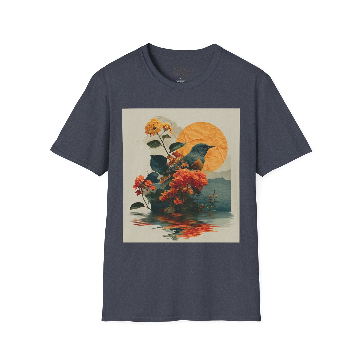 Sunset Bird & Blossoms T-Shirt — Vintage Floral Nature Graphic Tee