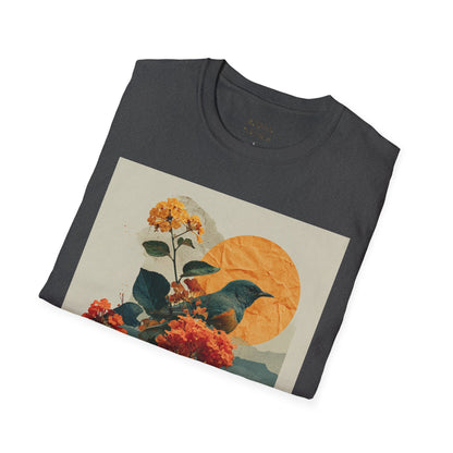 Sunset Bird & Blossoms T-Shirt — Vintage Floral Nature Graphic Tee
