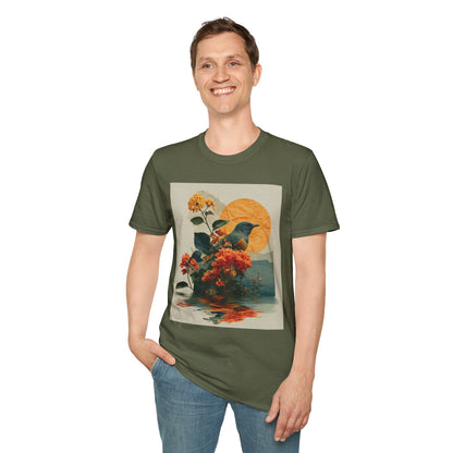 Sunset Bird & Blossoms T-Shirt — Vintage Floral Nature Graphic Tee