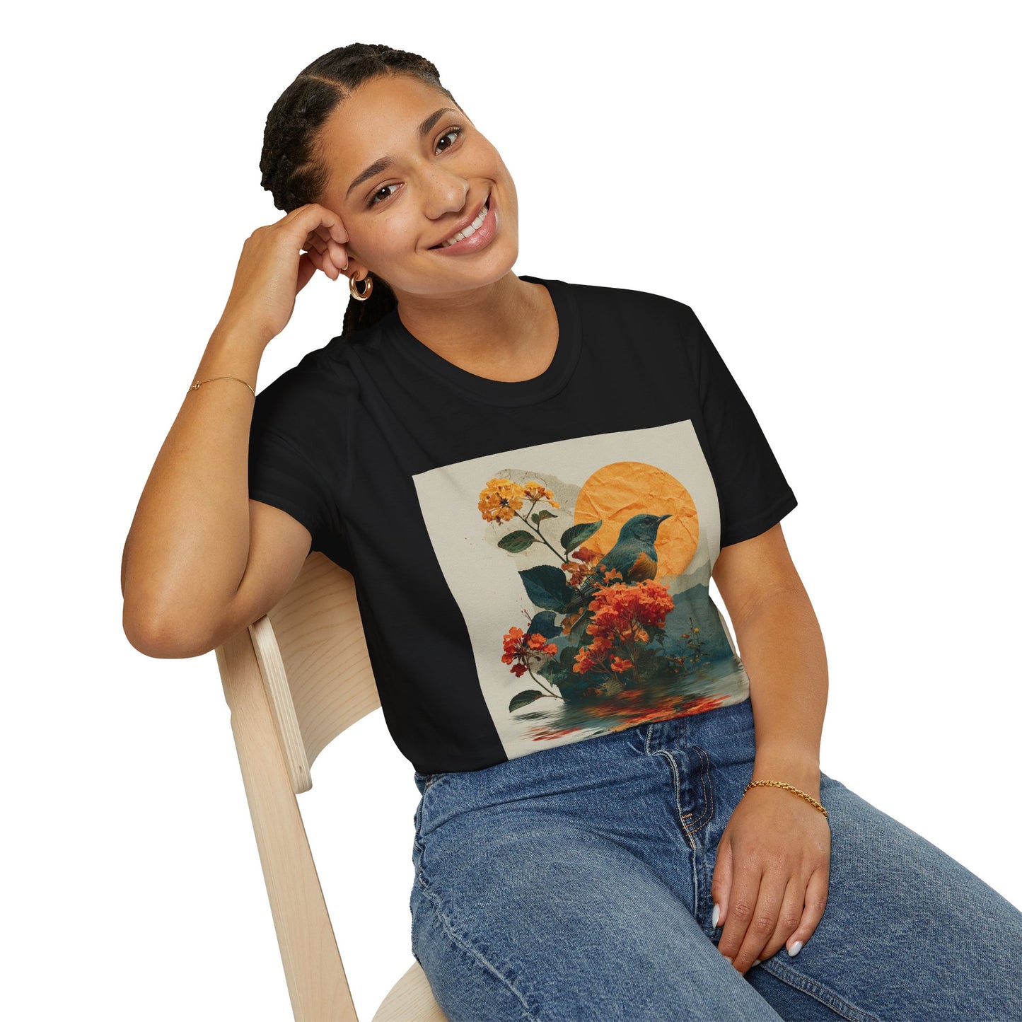 Sunset Bird & Blossoms T-Shirt — Vintage Floral Nature Graphic Tee