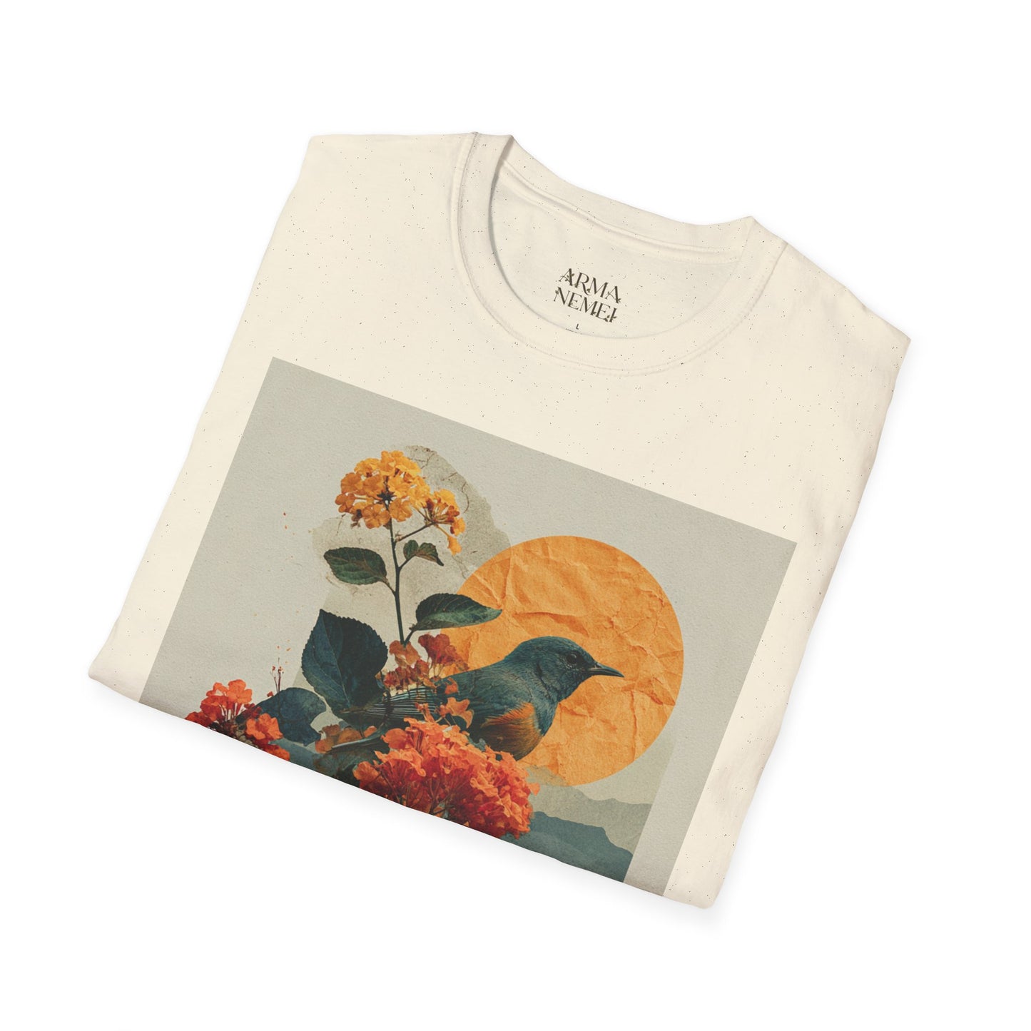 Sunset Bird & Blossoms T-Shirt — Vintage Floral Nature Graphic Tee
