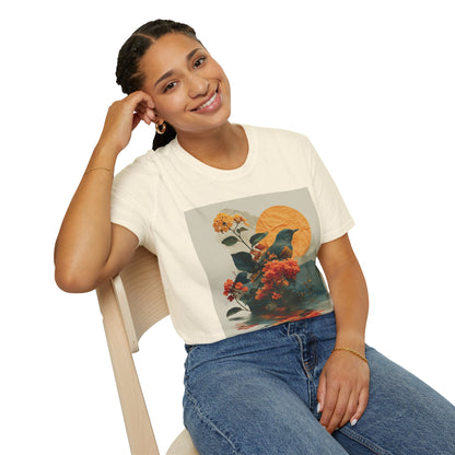 Sunset Bird & Blossoms T-Shirt — Vintage Floral Nature Graphic Tee