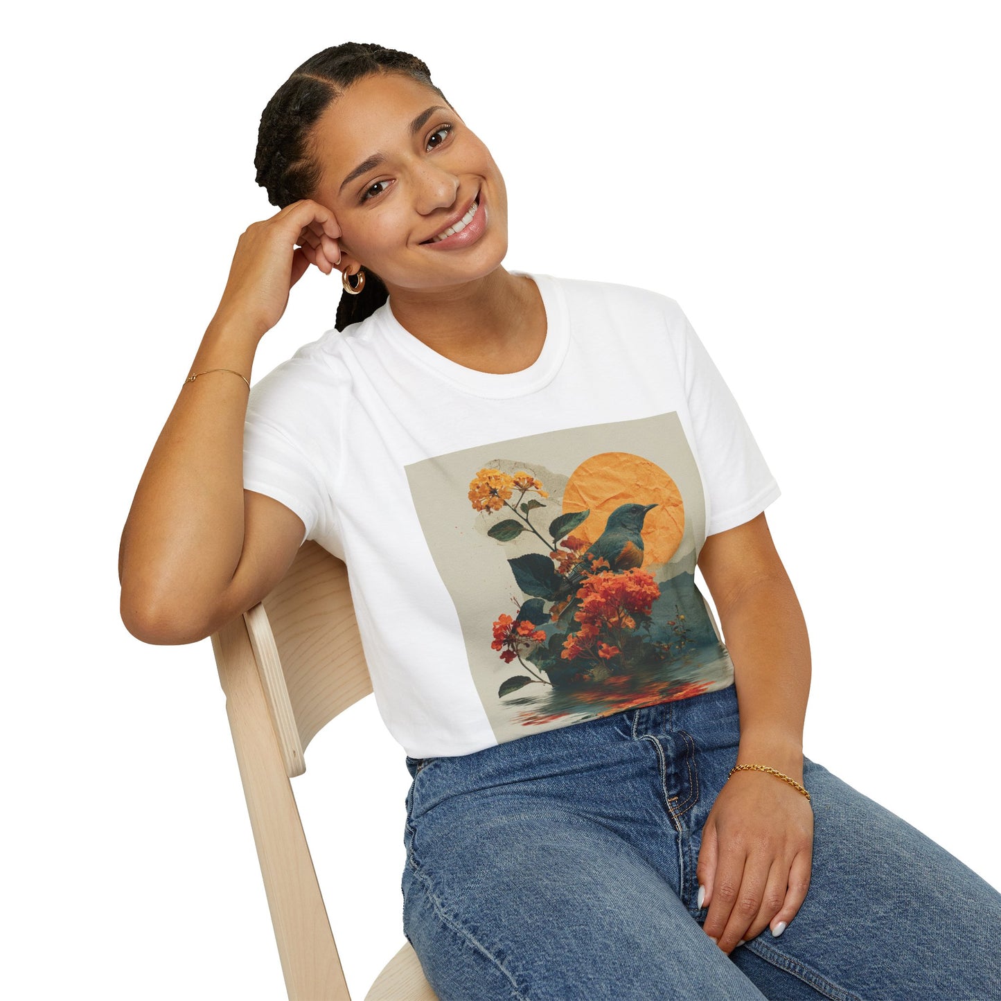 Sunset Bird & Blossoms T-Shirt — Vintage Floral Nature Graphic Tee