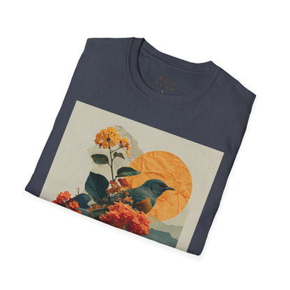 Sunset Bird & Blossoms T-Shirt — Vintage Floral Nature Graphic Tee