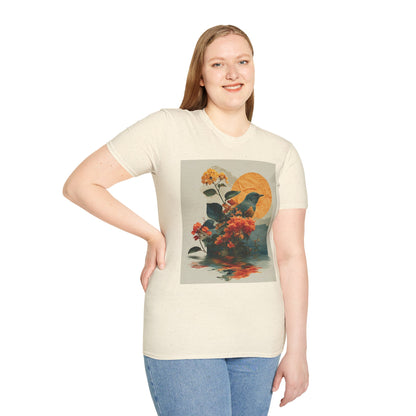 Sunset Bird & Blossoms T-Shirt — Vintage Floral Nature Graphic Tee
