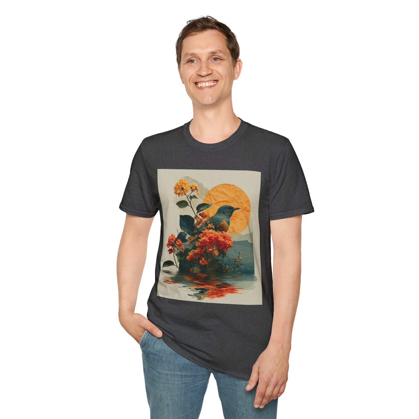 Sunset Bird & Blossoms T-Shirt — Vintage Floral Nature Graphic Tee