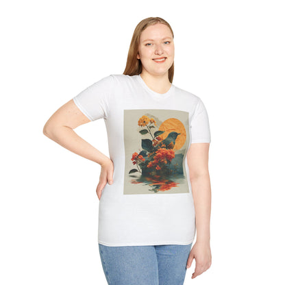 Sunset Bird & Blossoms T-Shirt — Vintage Floral Nature Graphic Tee
