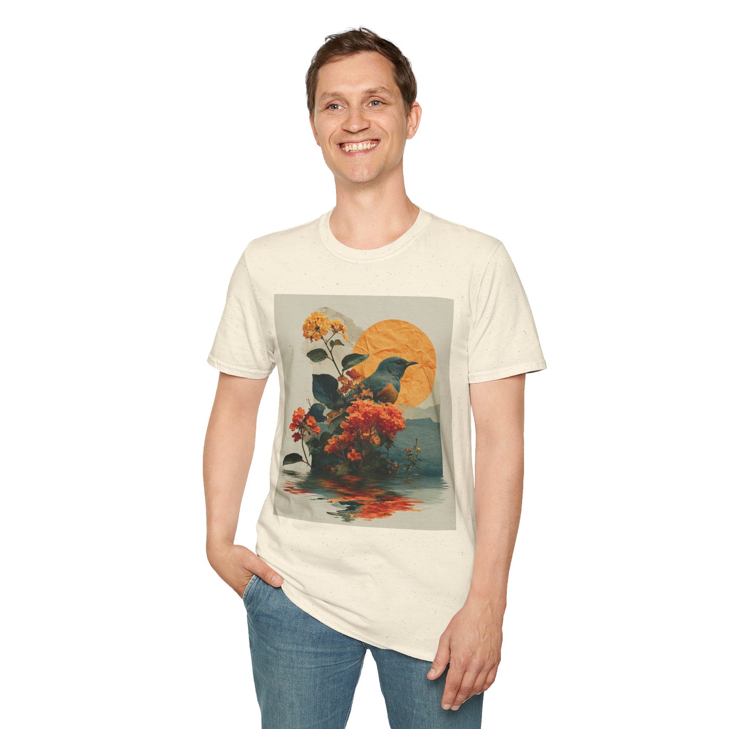 Sunset Bird & Blossoms T-Shirt — Vintage Floral Nature Graphic Tee