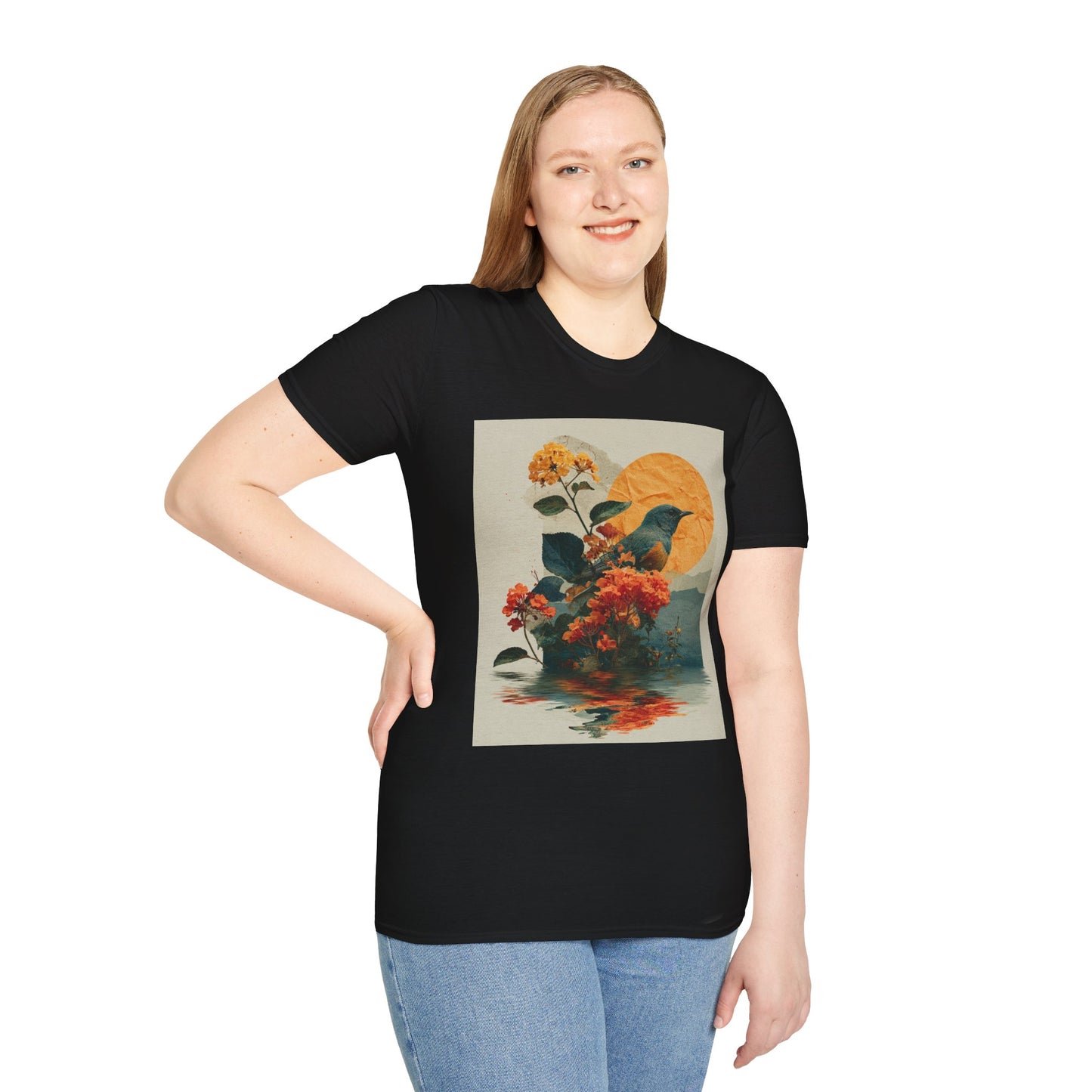 Sunset Bird & Blossoms T-Shirt — Vintage Floral Nature Graphic Tee