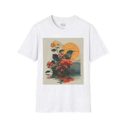 Sunset Bird & Blossoms T-Shirt — Vintage Floral Nature Graphic Tee