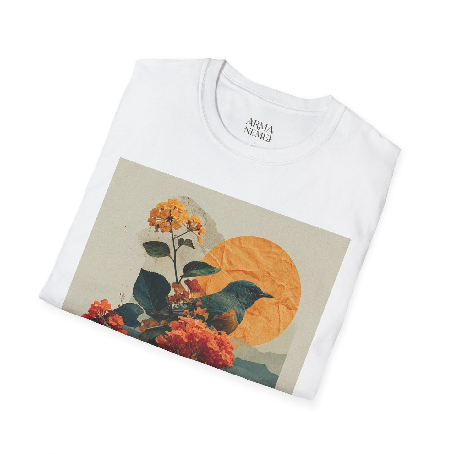 Sunset Bird & Blossoms T-Shirt — Vintage Floral Nature Graphic Tee